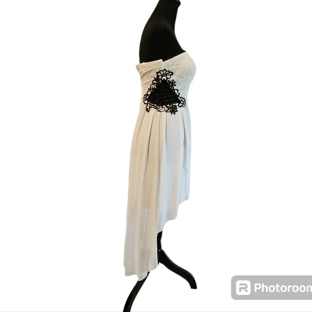 Jodi Kristopher Black White Lace Sheer Crochet Formal Asymmetrical Dress Sz 3 - Picture 7 of 16